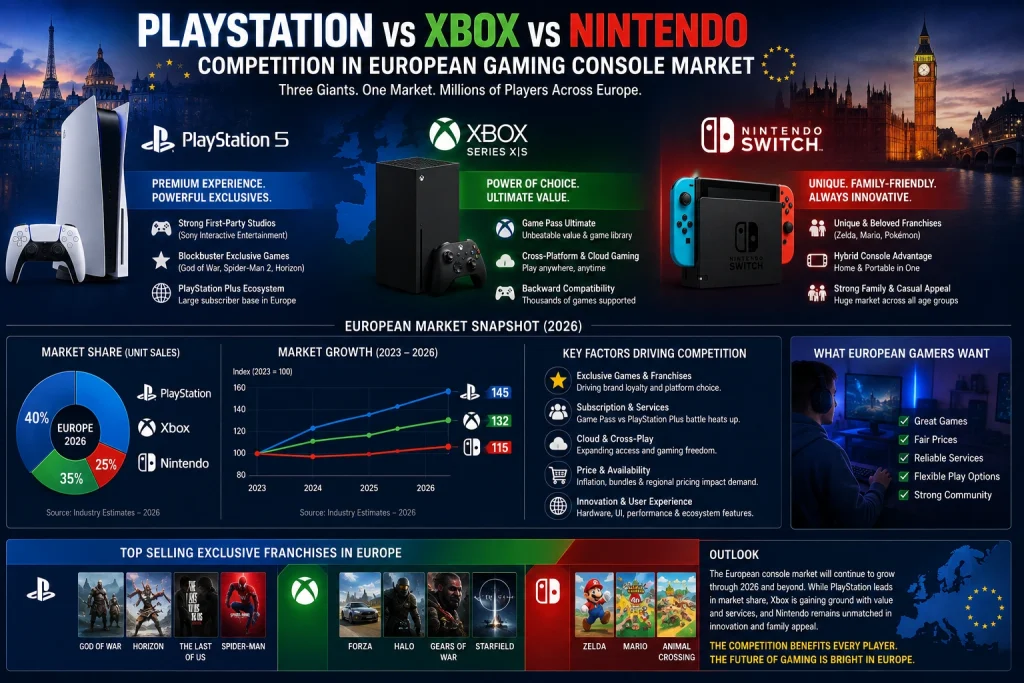 PlayStation Xbox Nintendo competition in European gaming console market. consoles eurogamersonline